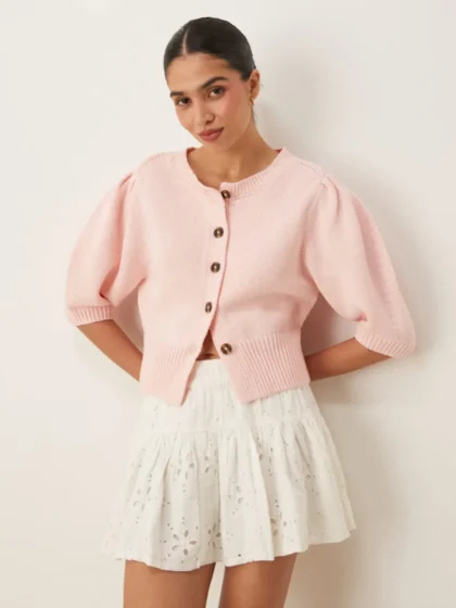 Crew neck cardigan puff sleeve